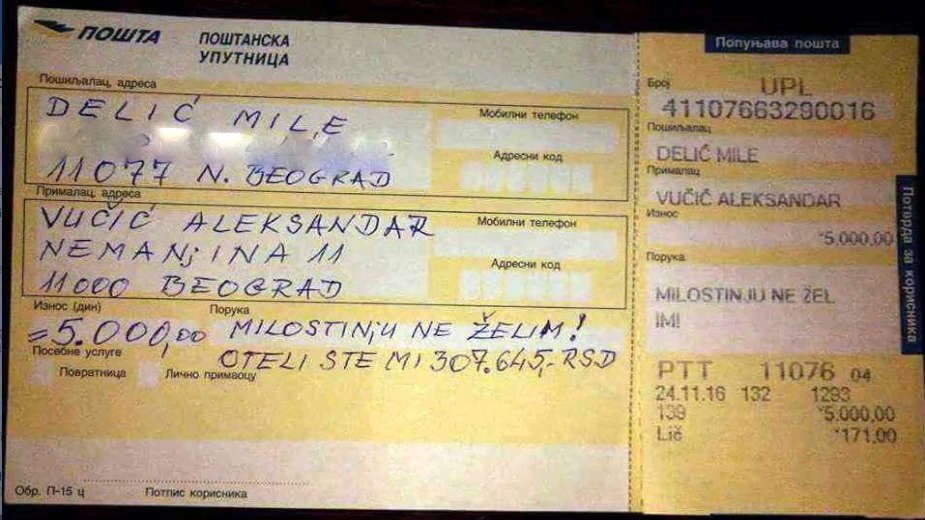 Penzioner koji je vratio Vučiću 5.000 dinara 2