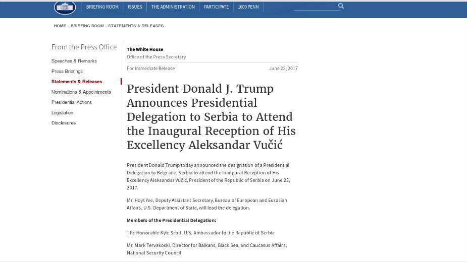 Tramp šalje delegaciju na inauguraciju Vučića 2