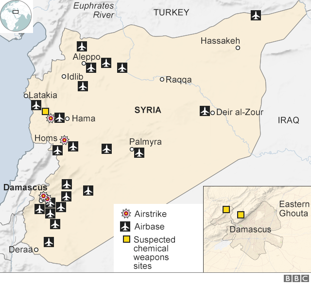Mapa na kojoj su obeleženi ciljevi u vazdušnim napadima na Siriju