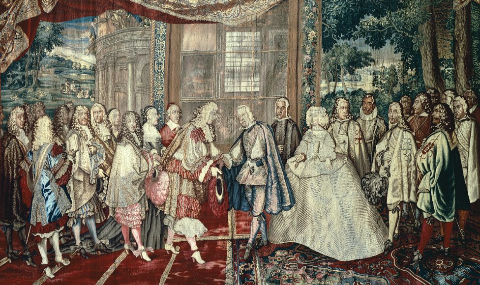 Susret francuskog kralja Luja XIV i španskog kralja Filipa IV na Ostrvu fazana, 1660. godine. Prikaz na tapiseriji iz 17. veka koja je izrađena u radionici Žana Mozana, iz serije "Priče o kralju"