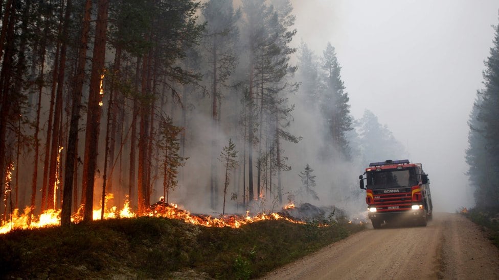 Vatrogasna kola mogu da se vide u Karboli, Švedskoj, 15. jula 2018.
