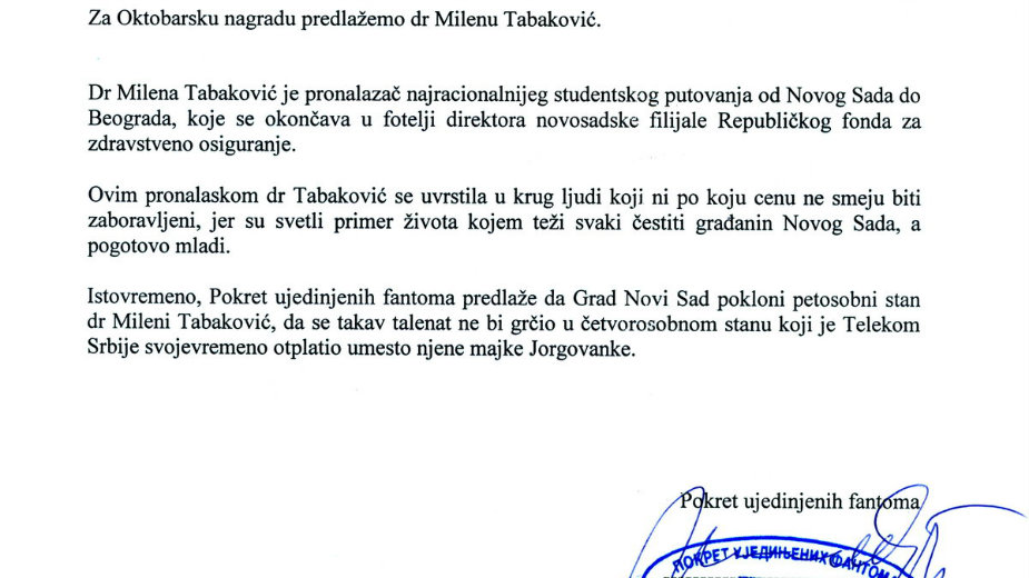 Milena Tabaković predložena za Oktobarsku nagradu 1