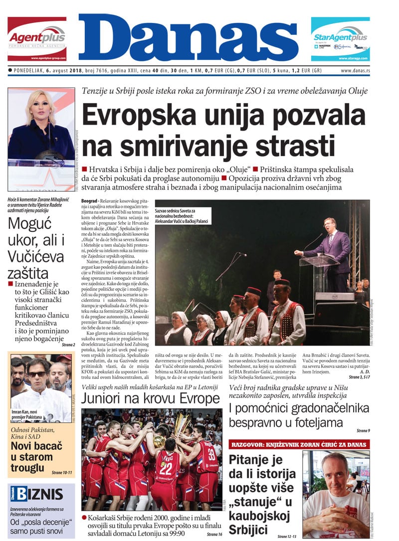Naslovna strana za 6. avgust 2018. 1