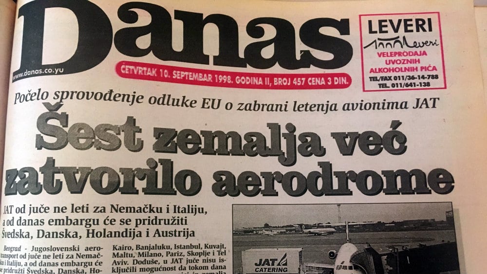 Danas (1998): Zemlje EU uvele zabranu sletanja aviona JAT 1