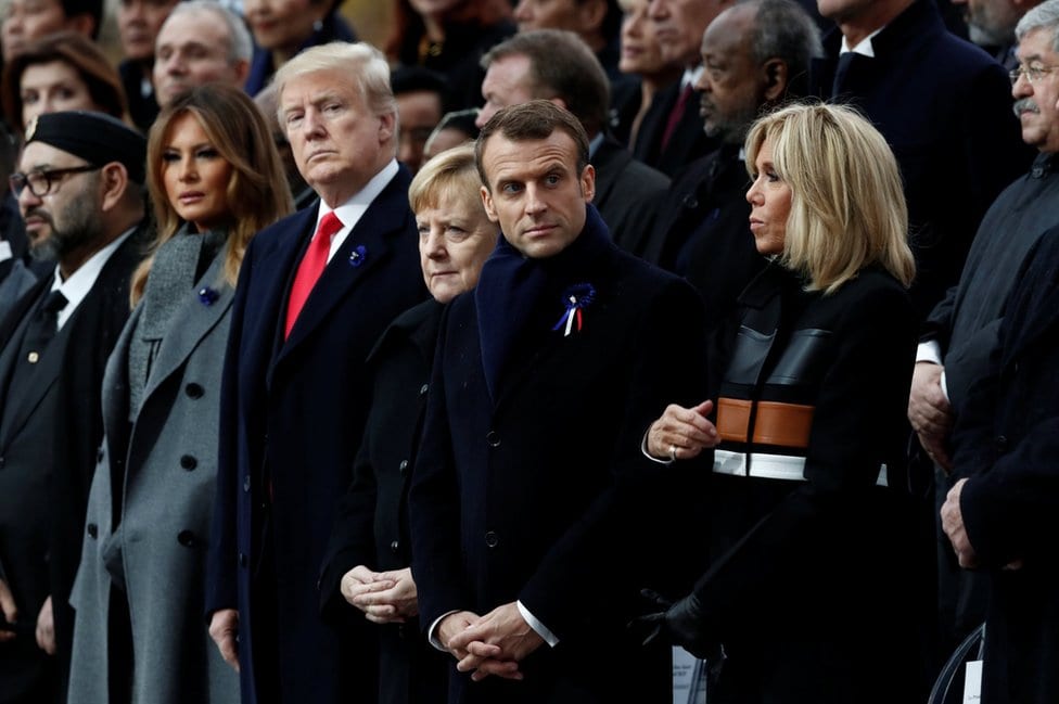 Brigitte Macron, French President Emmanuel Macron, German Chancellor Angela Merkel, US President Donald Trump and first lady Melania Trump