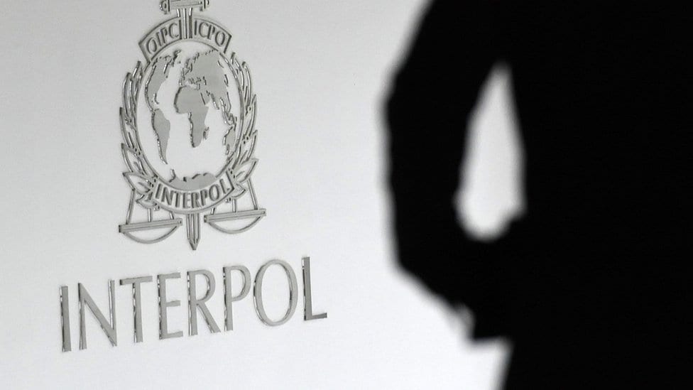Silhouette next to an Interpol sign
