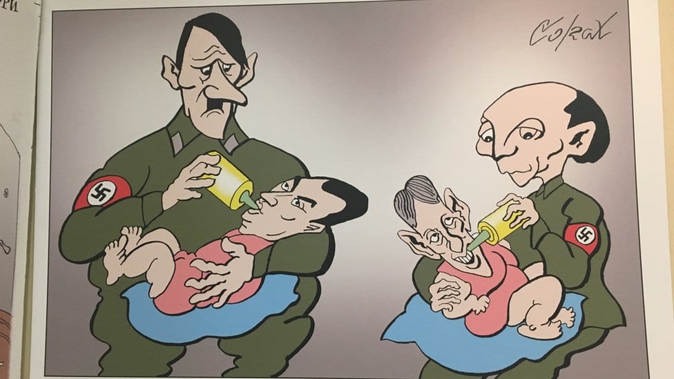 Sporna karikatura na izložbi u prostorijama opštine Stari Grad u Beogradu, 22.11.2018.