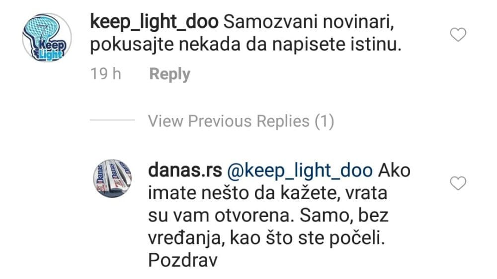 Profil Keep Light blokirao Danas na Instagramu 3