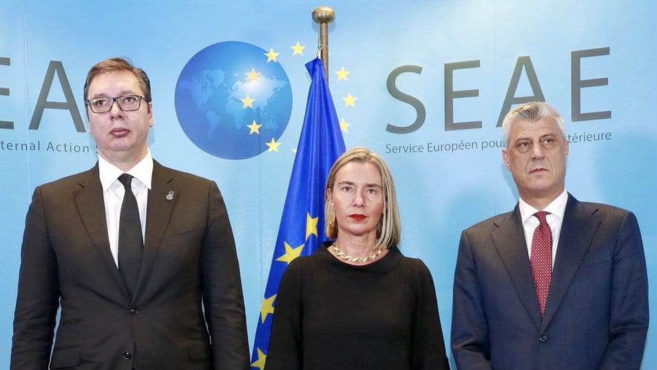 Zajednički sastanak Mogerini, Vučić i Tačija 1