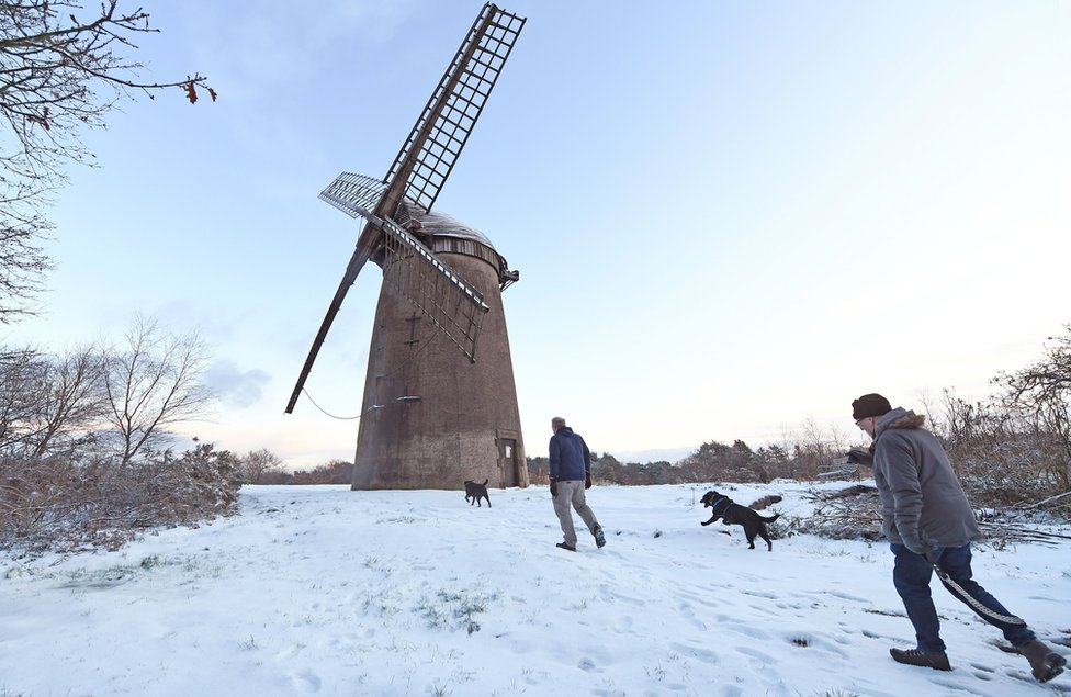 Bidston Windmill covered in snow