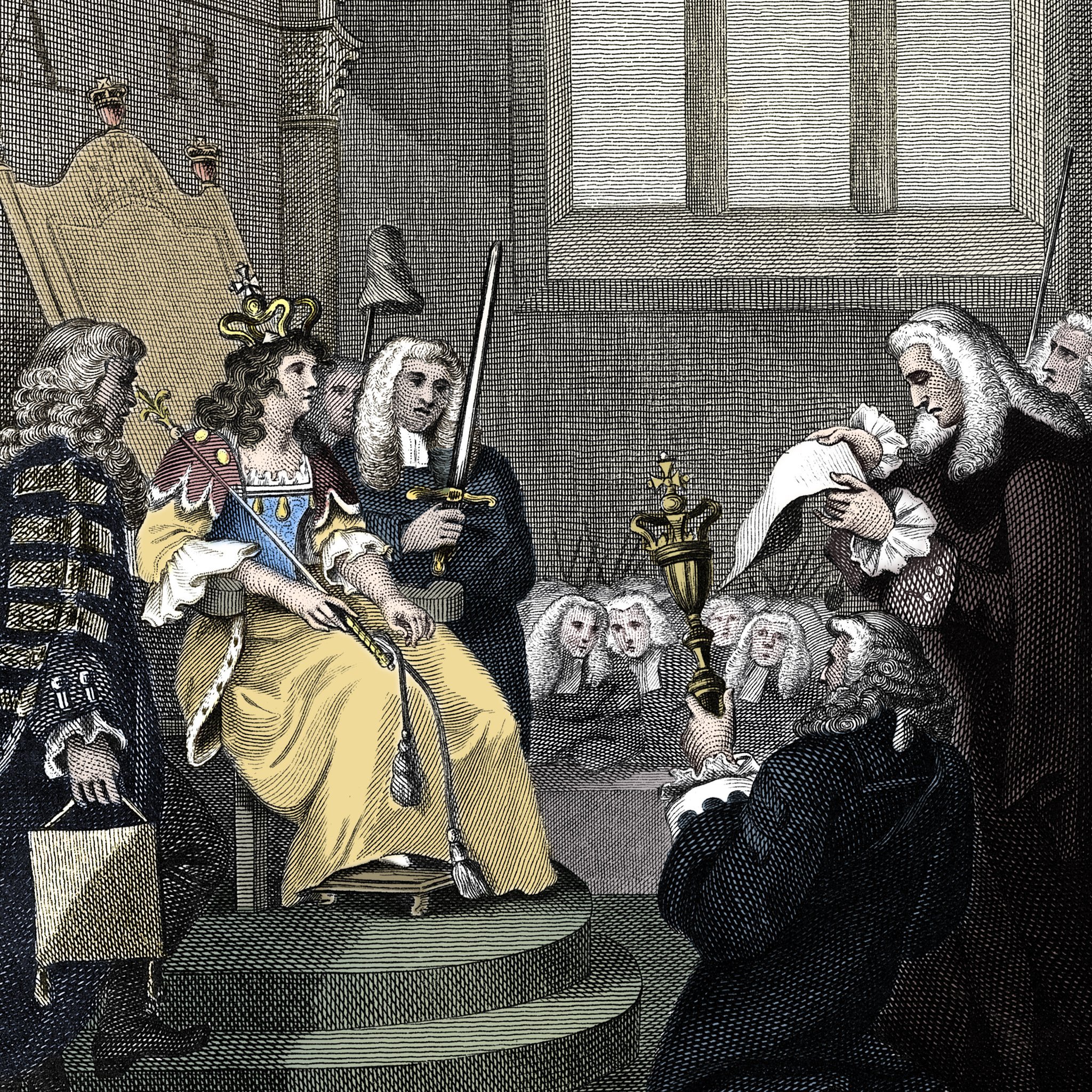 kt ujedinjenja Engleske i Škotske čita se pred kraljicom Anom, 1707. Umetnik nepoznat (1826)