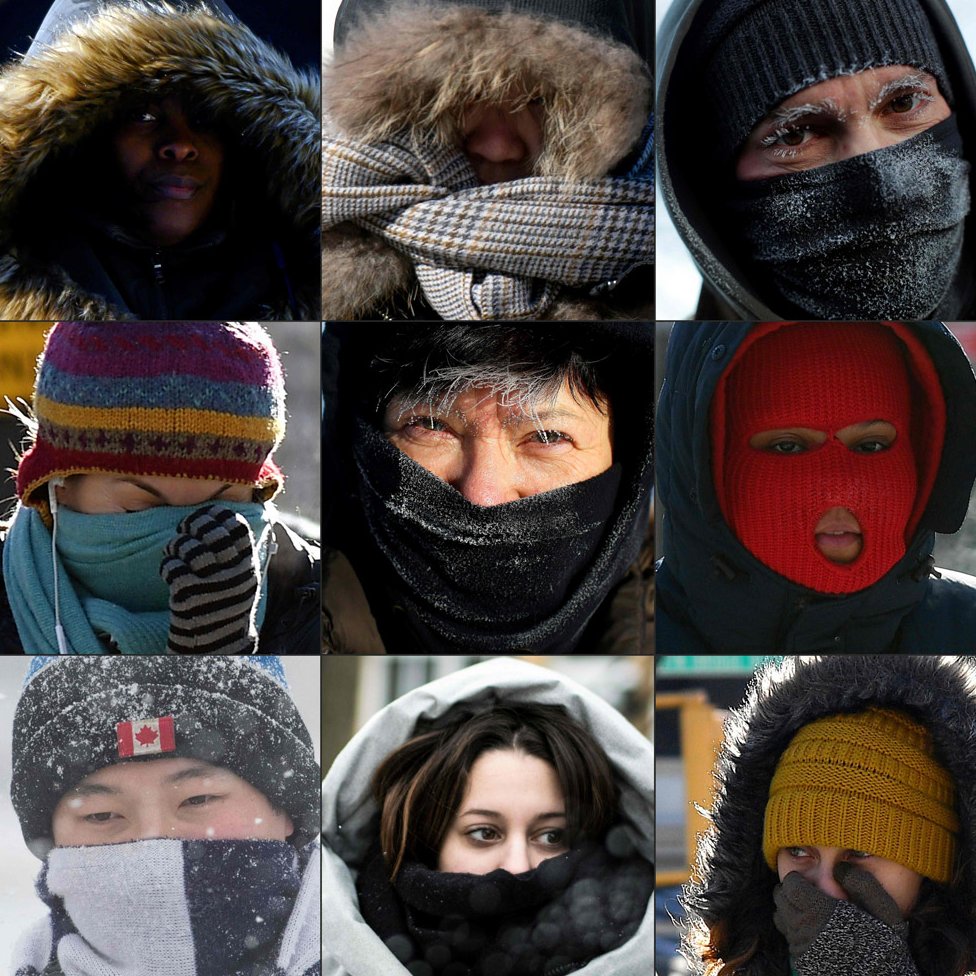 Pedestrians protecting their faces from the cold in New York City, in Washington DC, along Lake Michigan's ice covered shoreline, in the Brooklyn borough of New York, in Chicago, in Kingston, Ontario, and in Montreal