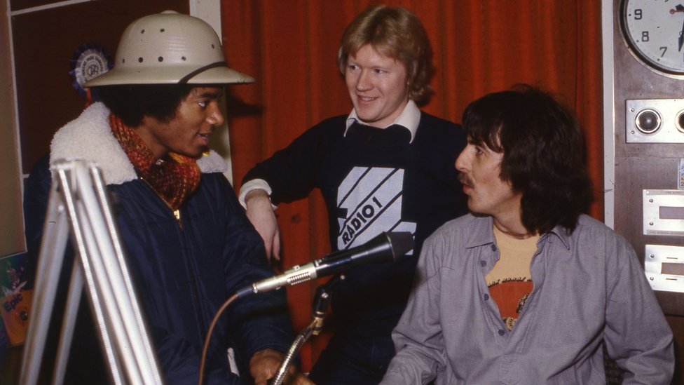 Michael Jackson, David Jensen and George Harrison at Radio 1 in 1979