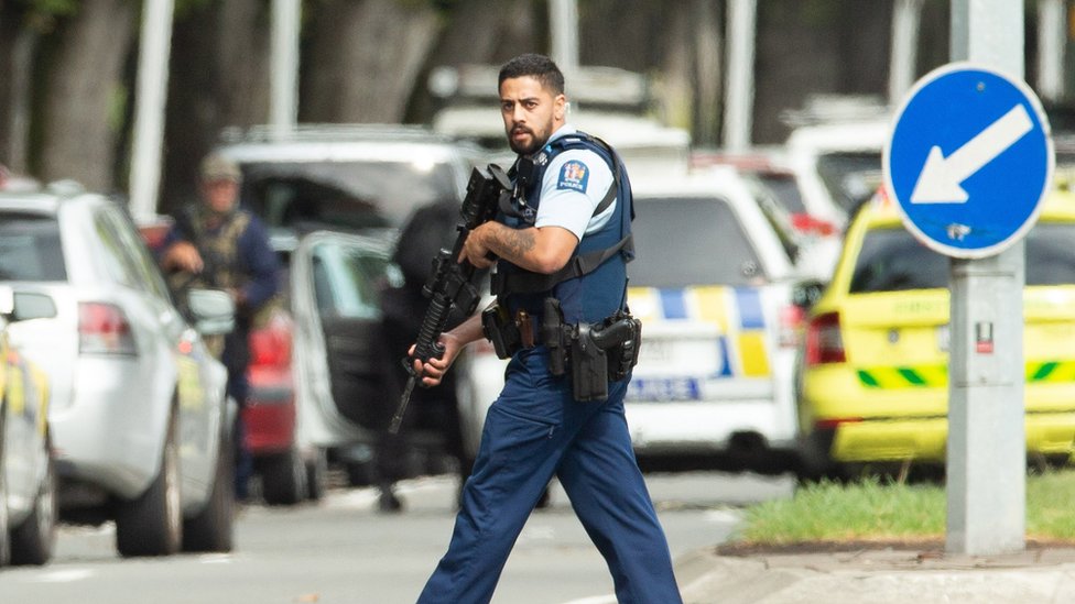 Armed police patrol following a shooting resulting in multiply fatalities and injuries at the Masjid Al Noor on Deans Avenue in Christchurch, New Zealand, 15 March 2019.
