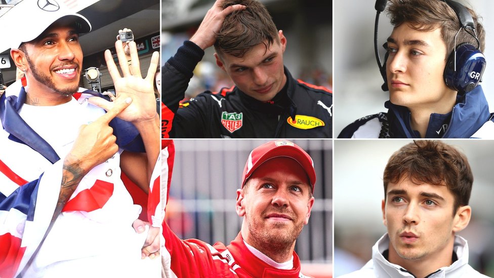Lewis Hamilton, Max Verstappen, George Russell, Sebastian Vettel and Charles Leclerc