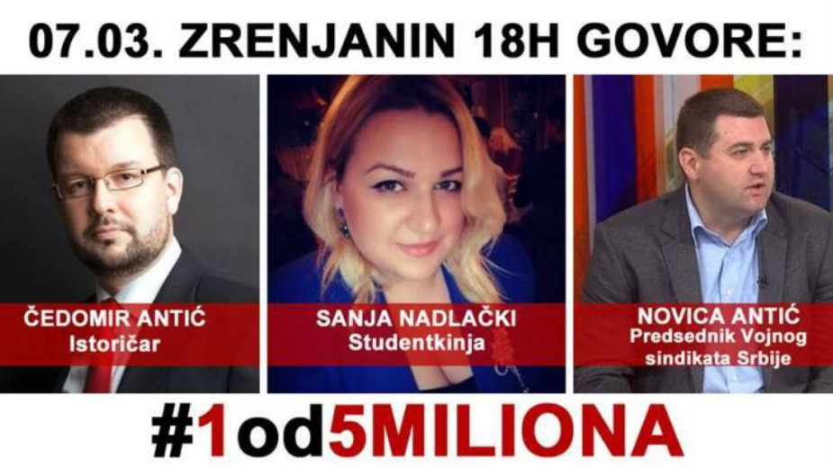 Čedomir i Novica Antić govornici na šestom protestu u Zrenjaninu 7. marta 1