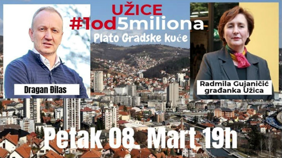 Đilas i Gujaničić govornici na protestu u Užicu 8. marta 1