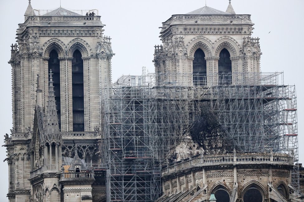 A view of the scaffolding after a massive fire destroyed the roof of the Notre-Dame Cathedral