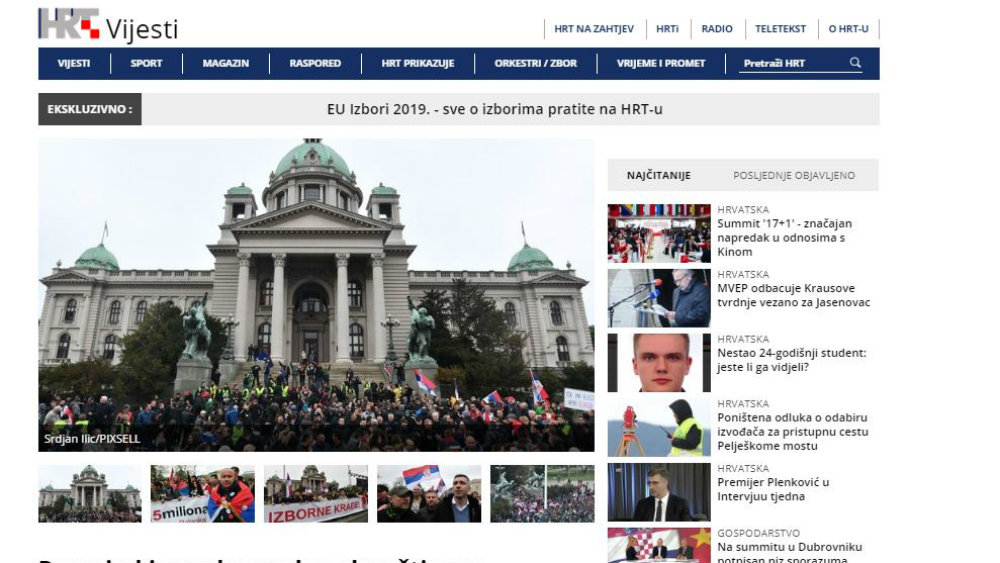 HRT na naslovnoj strani sajta izveštava o protestima u BG 1