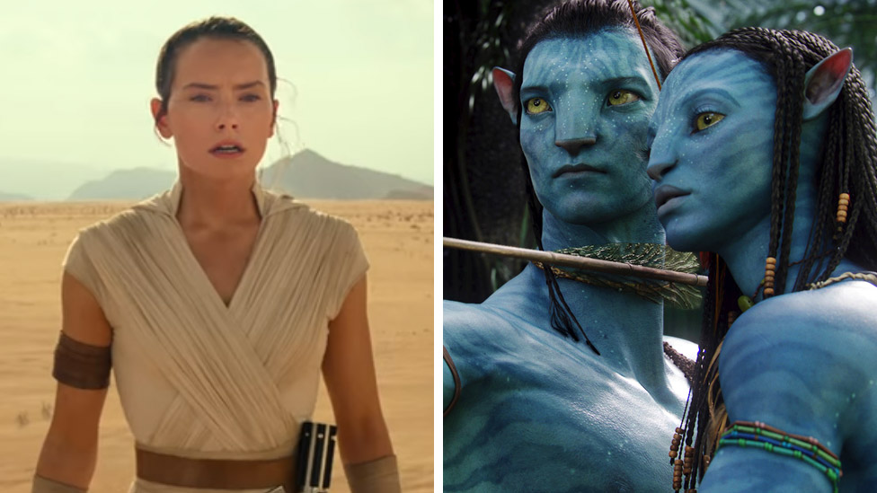 Daisy Ridley in Star Wars: The Rise of Skywalker (left) and Sam Worthington and Zoe Saldana in Avatar