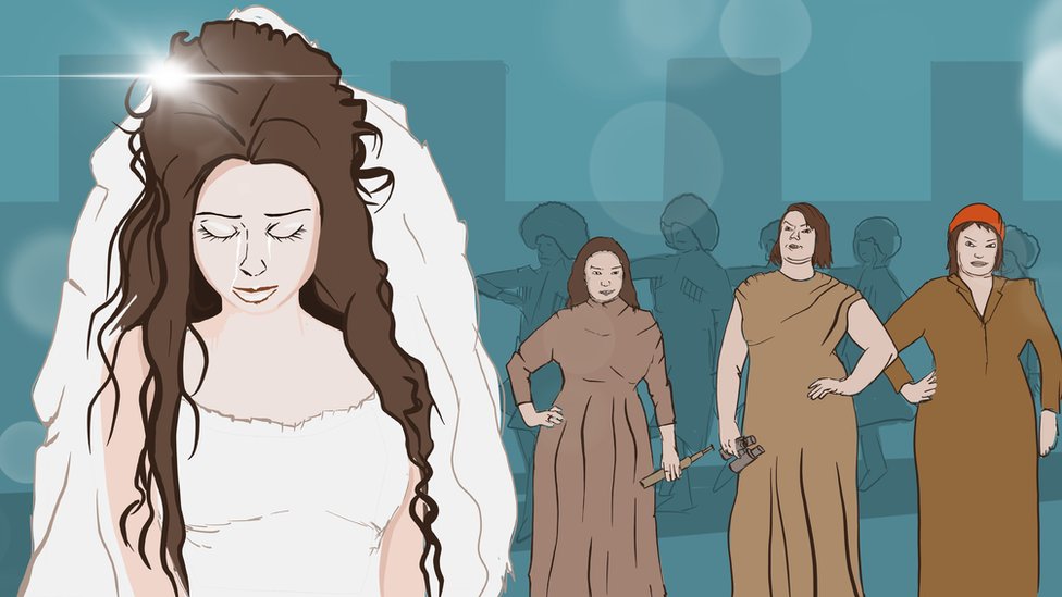 Tužna mlada na dan njenog venčanja, u pozadini se vide tri žene sa strogim pogledima