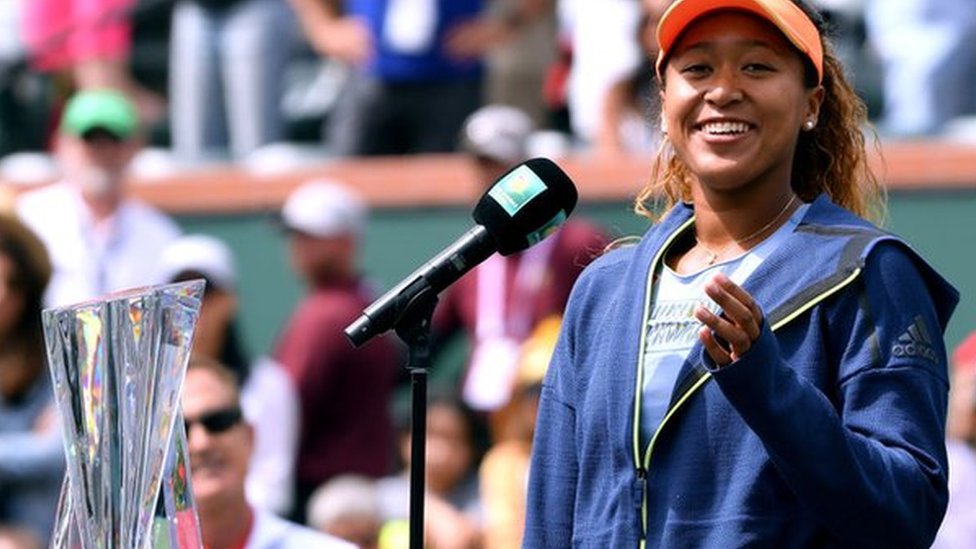 Naomi Osaka delivers her acceptance speech after victory at Indian Wells