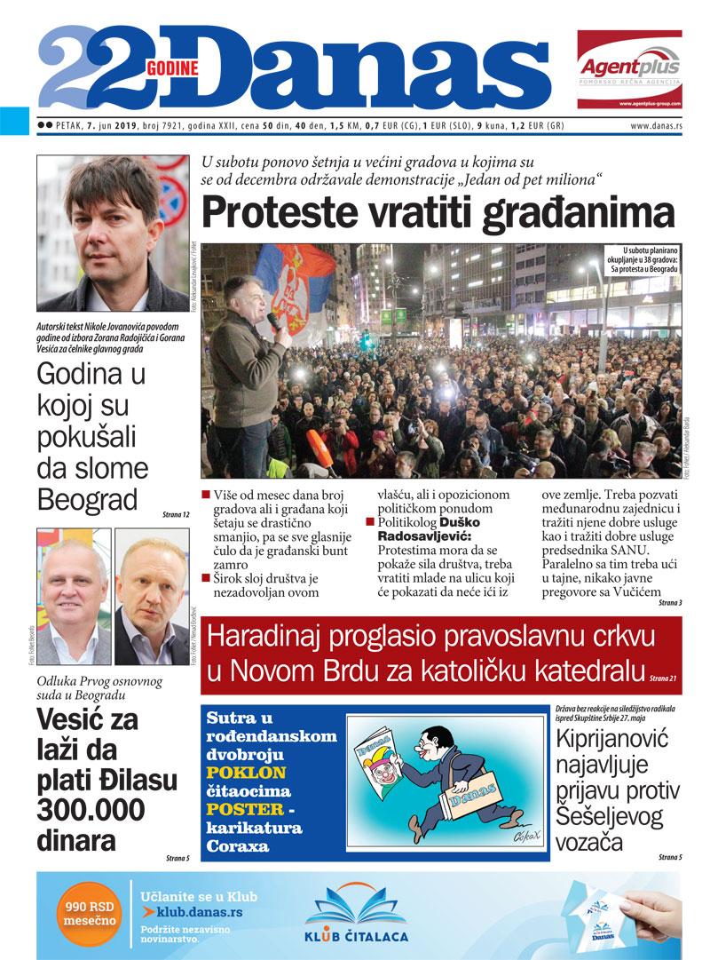 Naslovna strana Danasa za 7. jun 2019. 1
