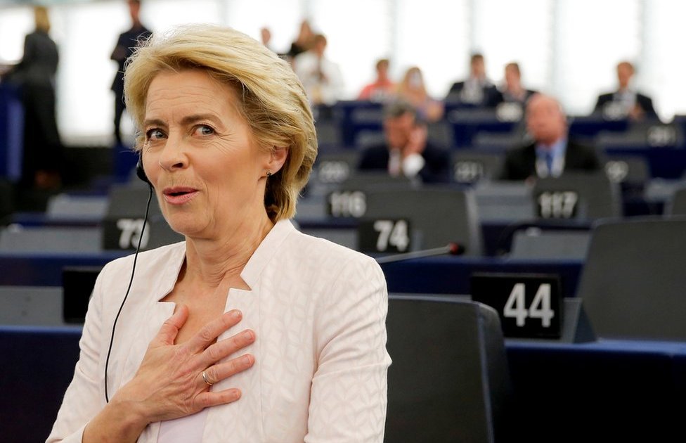 Ursula von der Leyen reacts after she is elected as president of the EU Commission