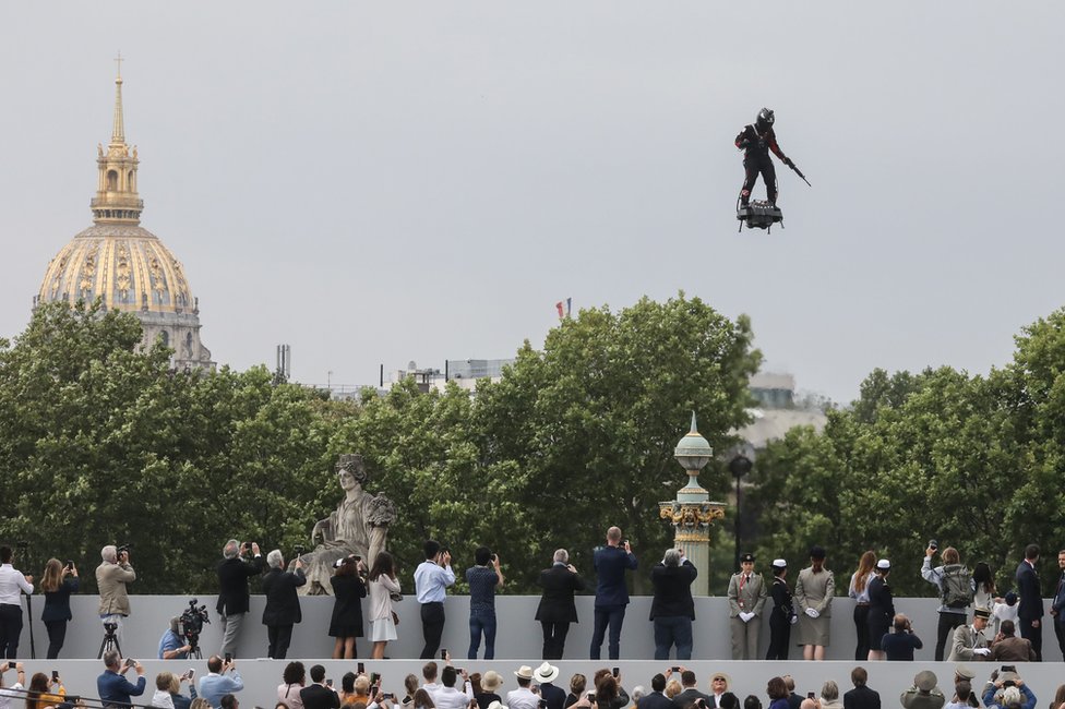 French inventor Franky Zapata flies a jet-powered hoverboard