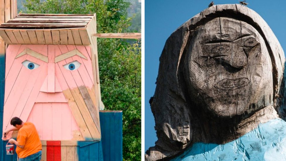 Slovenija i Donald Tramp: Podignuta statua američkog predsednika 1 A composite picture shows the wooden statue of Donald Trump (left) next to the statue of Melania.