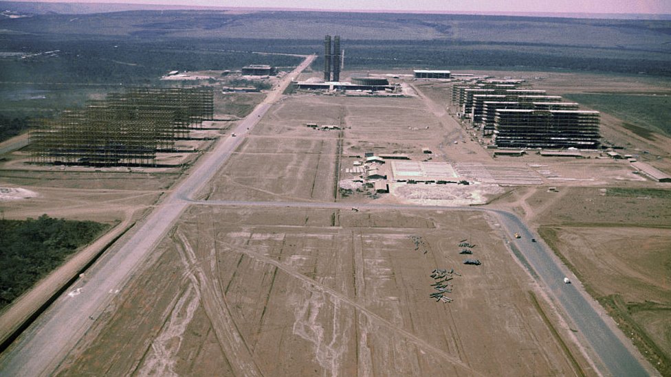 Aerial view of construction works in Brasilia in 1959