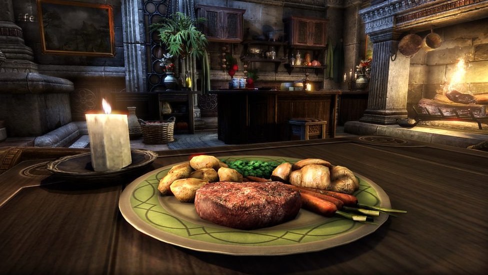 A screen shot of a steak from the video game Elder Scrolls - there's a candle on the table, and a fireplace in the background