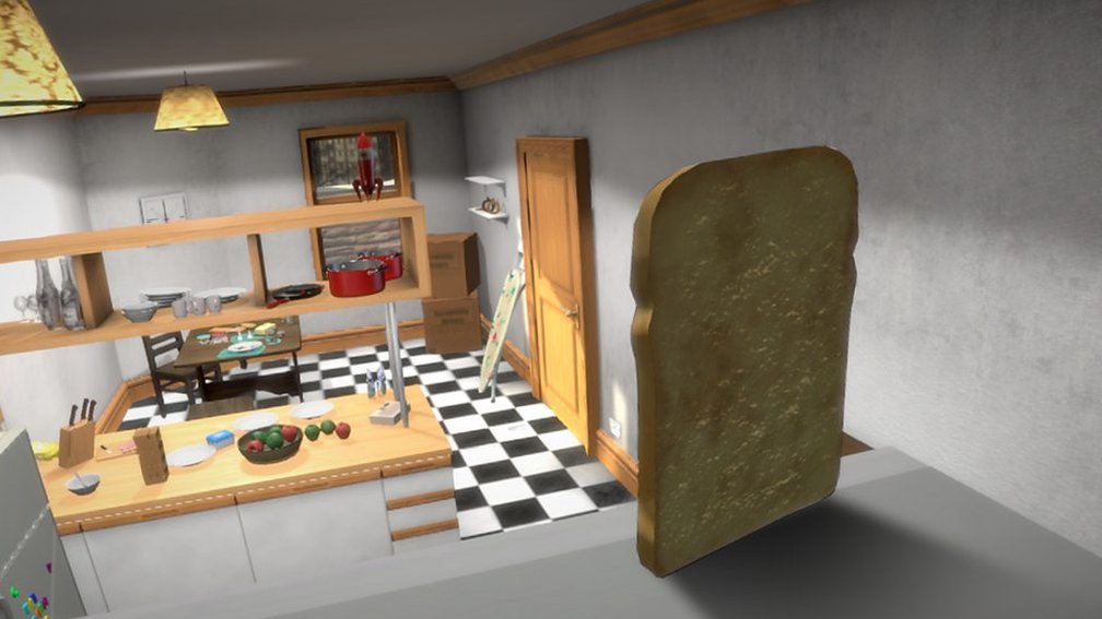 A giant slice of bread walking into a kitchen