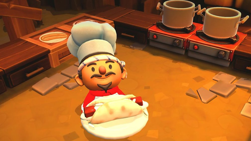 Overcooked's chef turning over a burrito in a kitchen