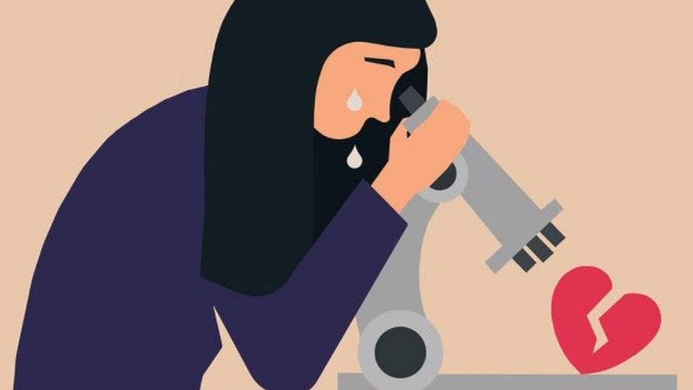 An illustration of a woman looking at a broken heart through a microscope