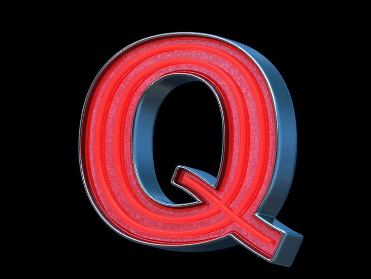 A big letter Q, in red nean light