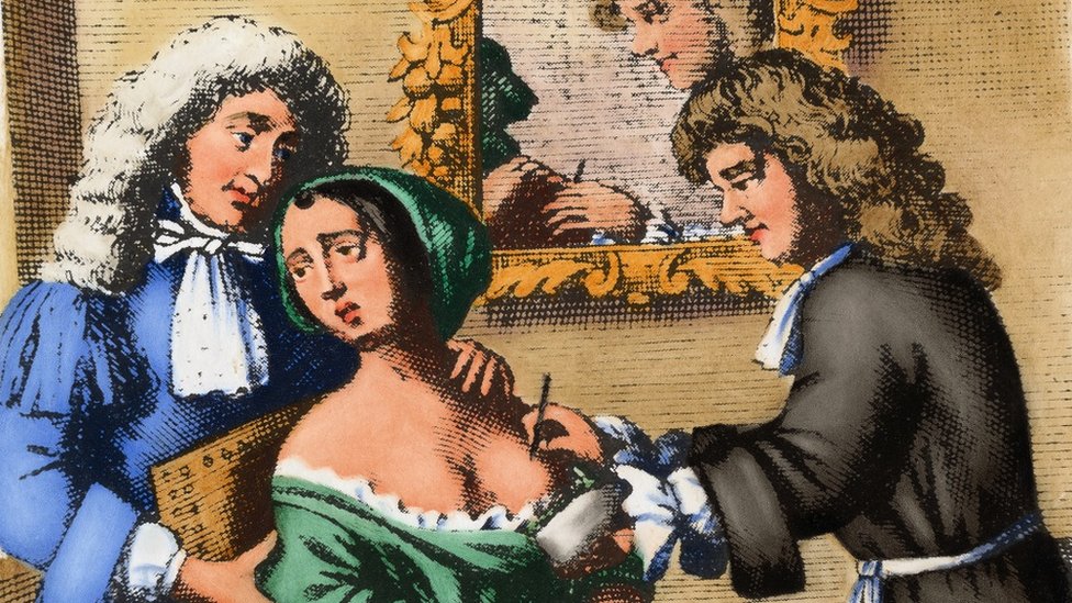 A 17th century surgeon performs a mastectomy on a woman. After an engraving in John Brown's 