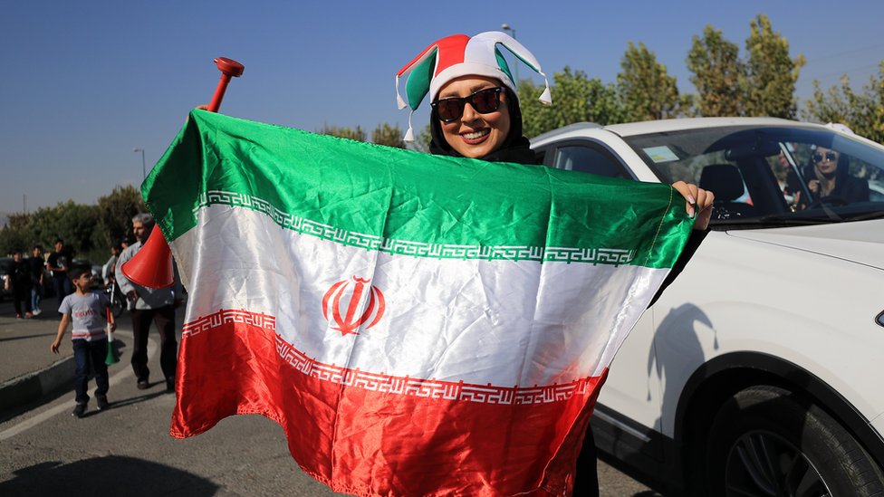 Female football fans show their support ahead of the FIFA World Cup Qualifier match between Iran and Cambodia at Azadi Stadium on 10 October, 2019 in Tehran, Iran.