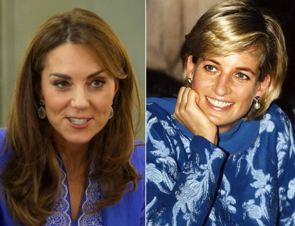 File photo dated 15/10/19 of the Duchess of Cambridge wearing a periwinkle blue traditional kurta by local designer Maheen Khan, during a visit to a school in central Islamabad on day two of the royal visit to Pakistan, and file photo dated 23/05/97 of Diana, Princess of Wales, pictured in a royal blue shalwar kameez, during her visit to Lahore, Pakistan.