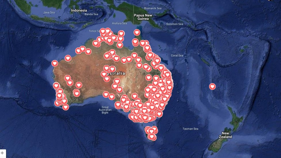 „Moj očuh je ubio dve devojčice – sada ja pratim druge ubice“ 5 A map of Australia dotted with many different love hearts