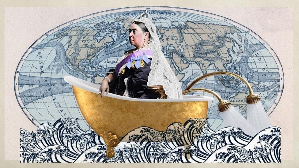 Svetski dan toaleta: Brisati ili oprati - pitanje koje je podelilo svet 1 Illustration with Queen Victoria in a bathtub with an old world map in the background