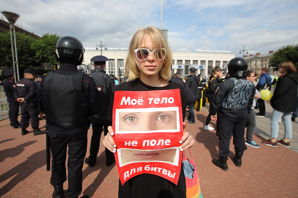 Demonstrator in St Petersburg - the sign says, "My body is not a battlefield"