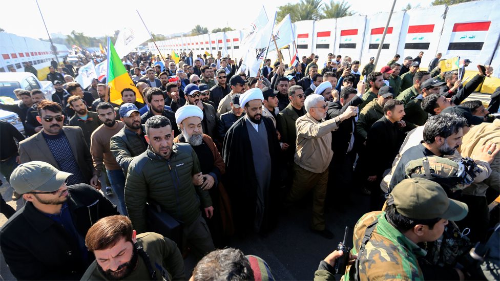 Protesters gather outside the US embassy in Baghdad (31 December 2019)
