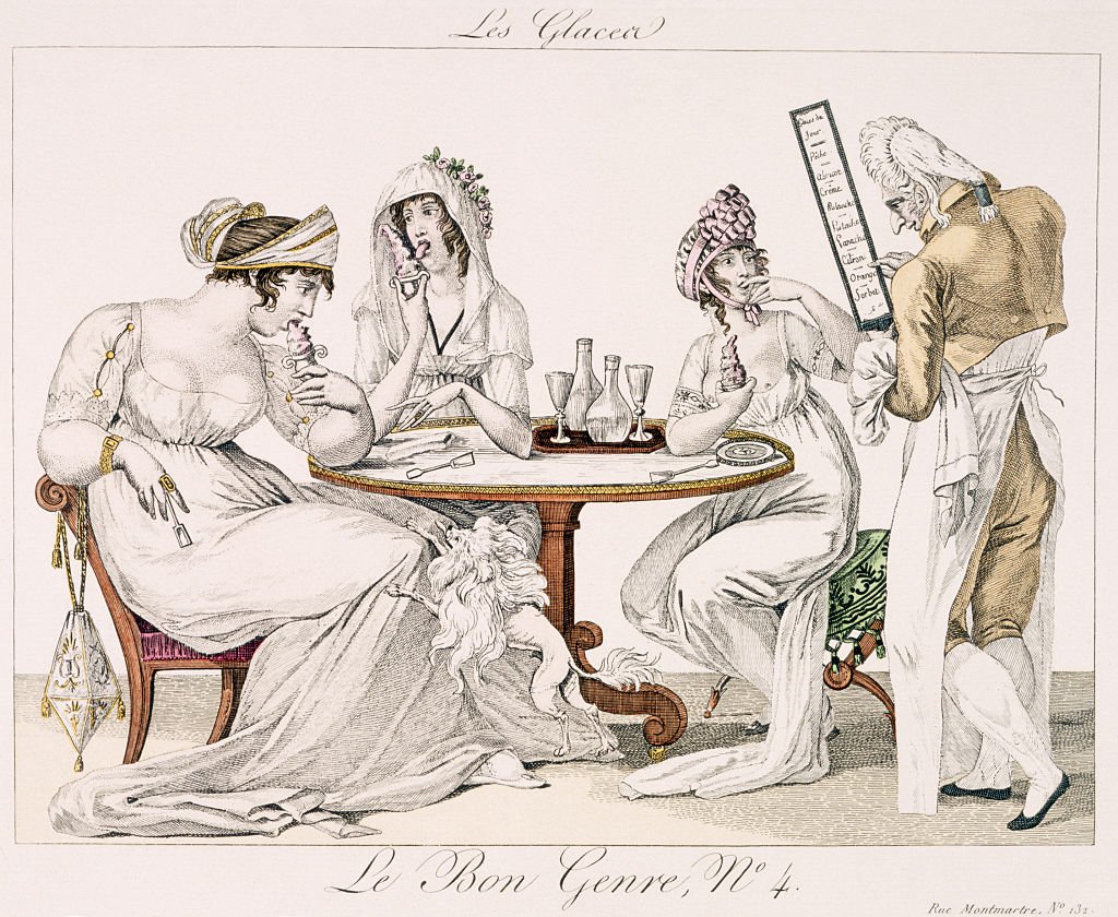 A 19th-century illustration showing Parisian ladies eating ice cream at an ice cream parlour