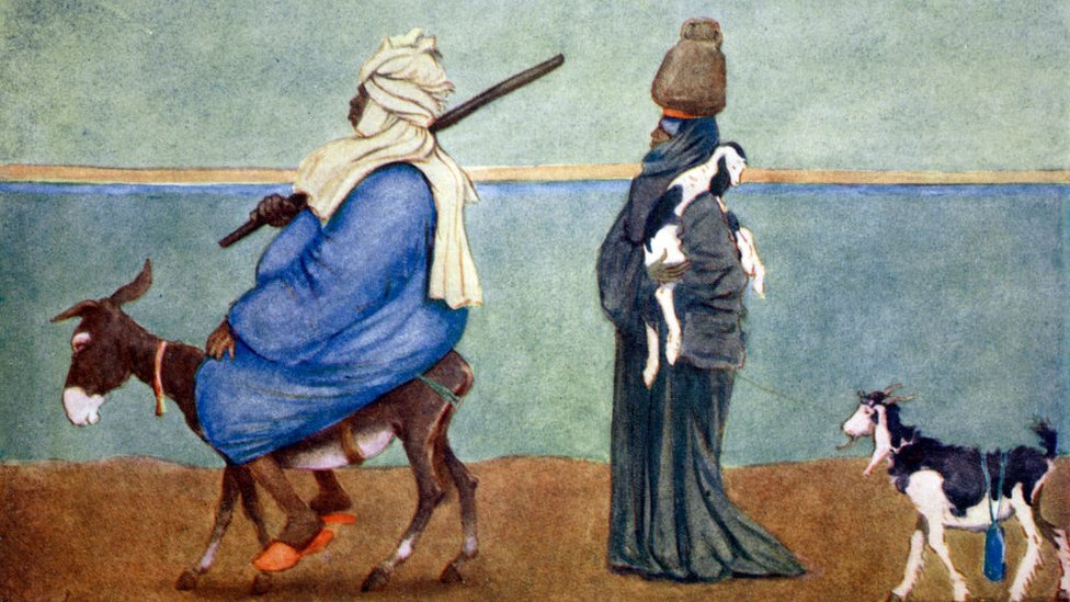 'A Nile Sky Line' (1908) by English illustrator Lance Thackeray, shows a fat Egyptian riding a small, frail donkey, and a poorer person walking behind