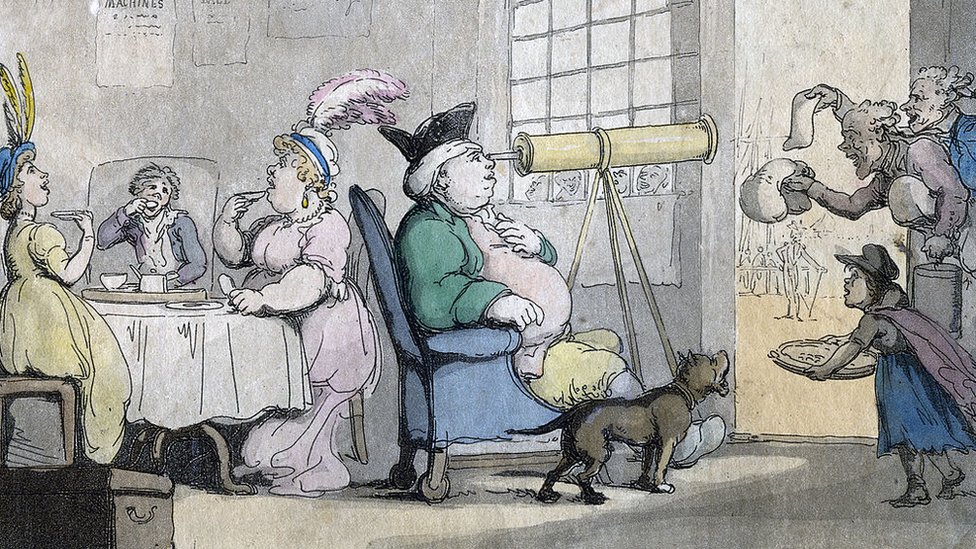 A portly gentleman looking through a telescope, 19th century