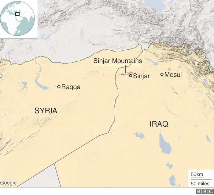 Map showing Raqqa, Mosul and Sinjar