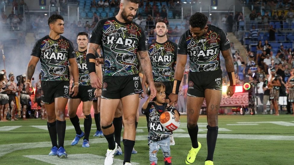 Quaden Bayles with Indigenous All-Stars Rugby League team - 22 February