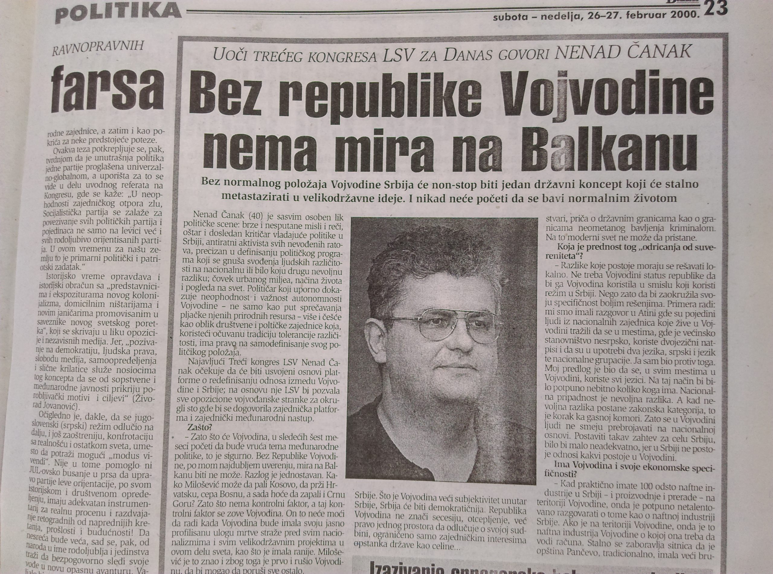 Kako su LSV i Nenad Čanak pre dve decenije tražili Republiku Vojvodinu? 1