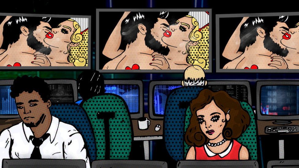 Harvi Vajnstin i seksualni predatori: Postoji li stvarno zavisnost od seksa 3 Illustration showing trading floor of finance office with a adult film showing on big screens